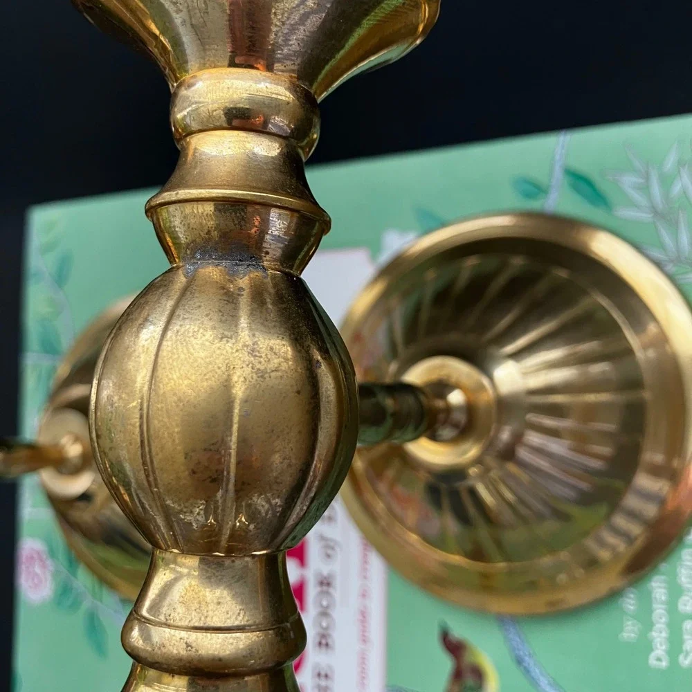 Vintage Brass Wall Sconces Pair Fluted Spindle Candle Holders Made in India 10